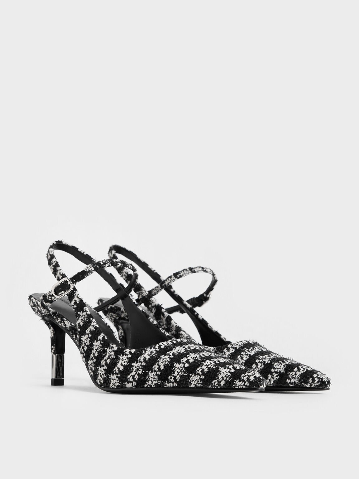 Tweed Two-Tone Heel Slingback Pumps, Black Textured, hi-res