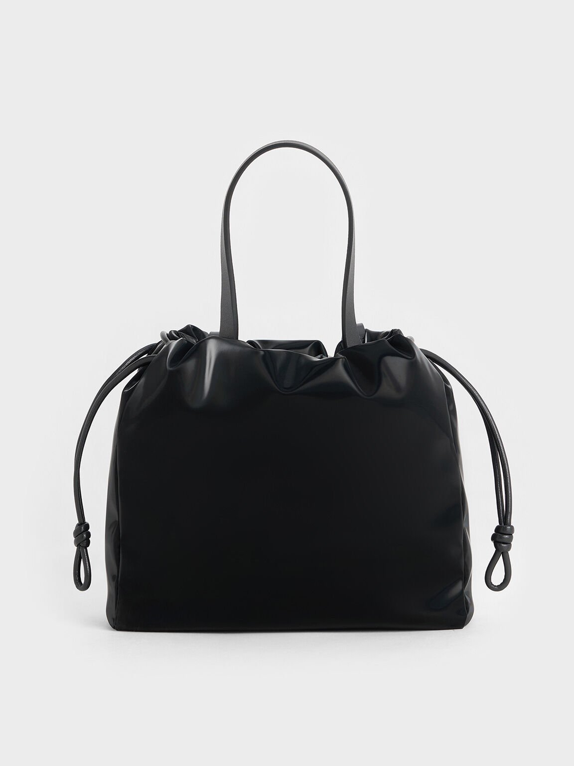 Mini Bethel Shiny Ruched Drawstring Tote Bag, Jet Black, hi-res