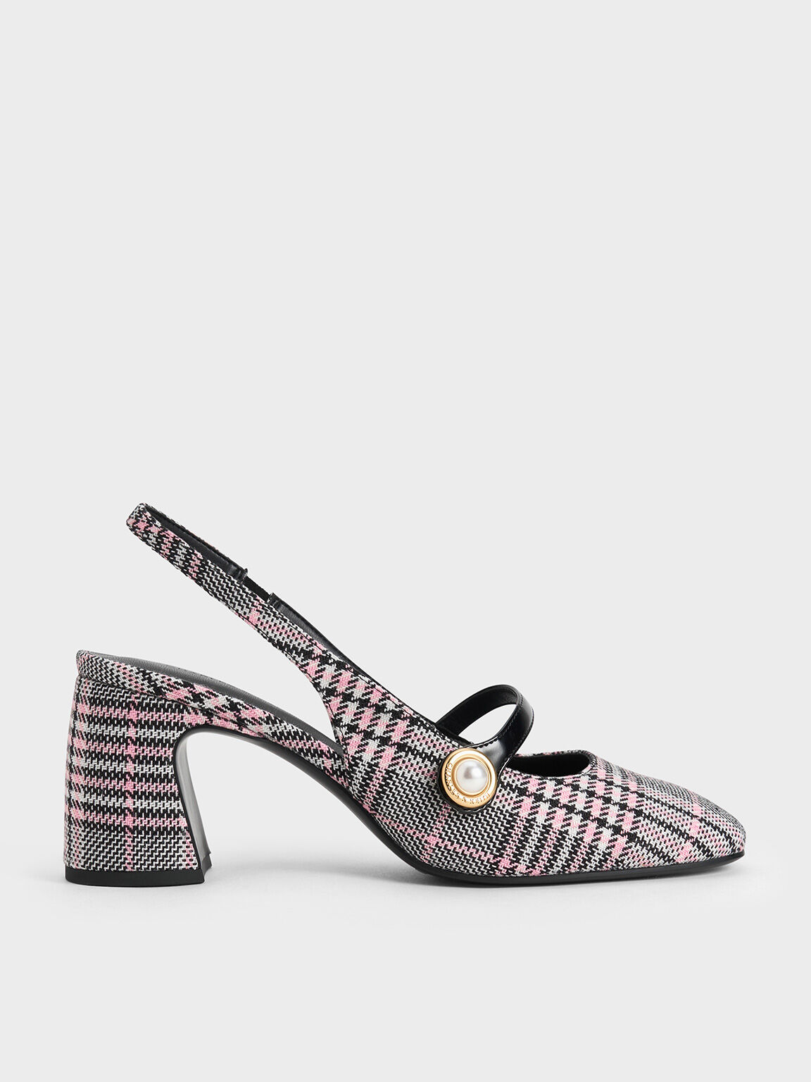 Plaid Pearl-Accent Mary Jane Pumps, Pink, hi-res