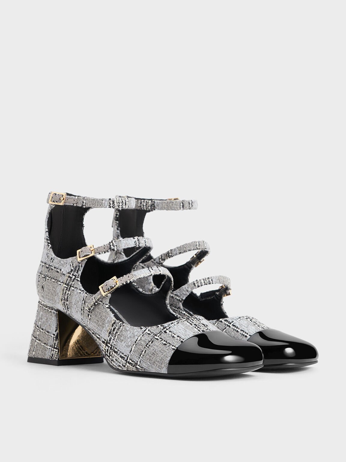 Tweed Triple-Strap Cap-Toe Mary Jane Pumps, Grey, hi-res