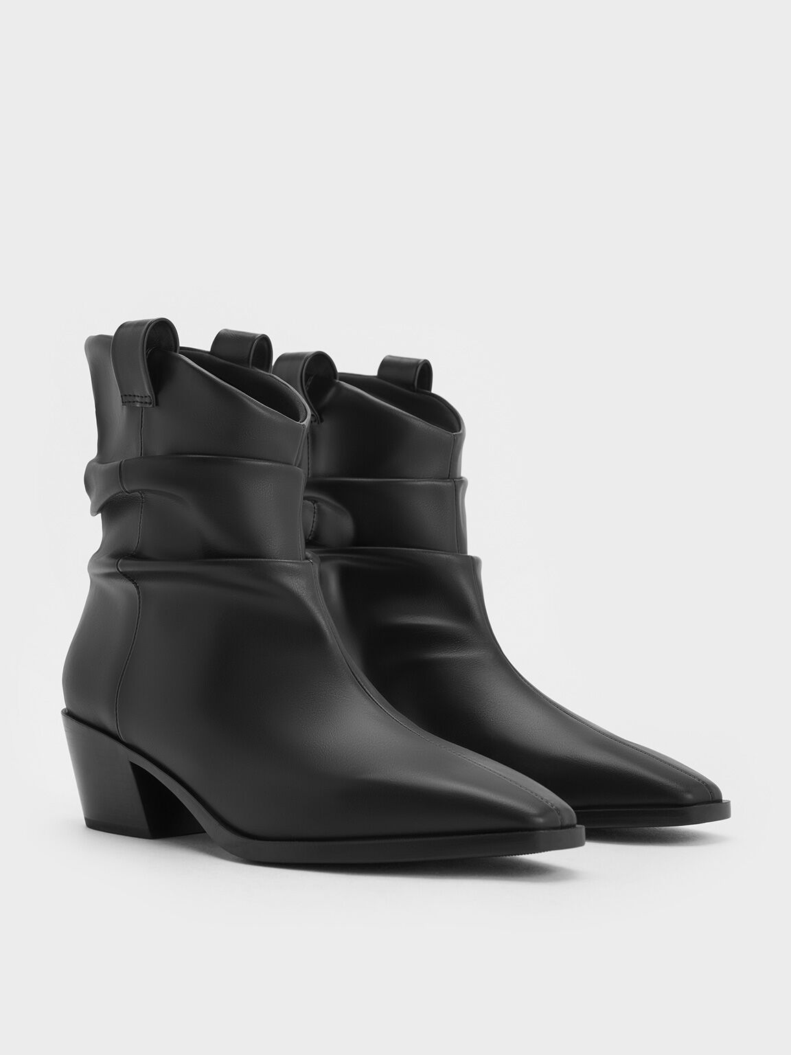 Ruched Almond-Toe Cowboy Ankle Boots, Black, hi-res