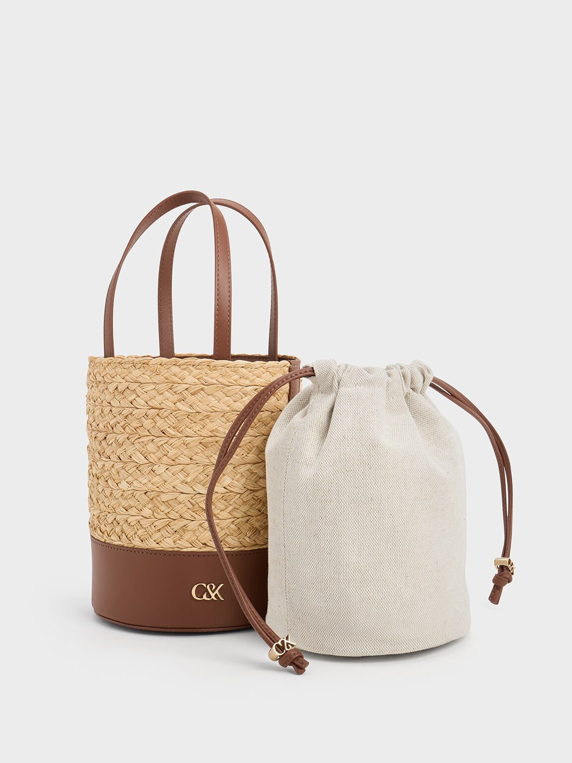 Sac seau en cuir et raphia, Marron, hi-res