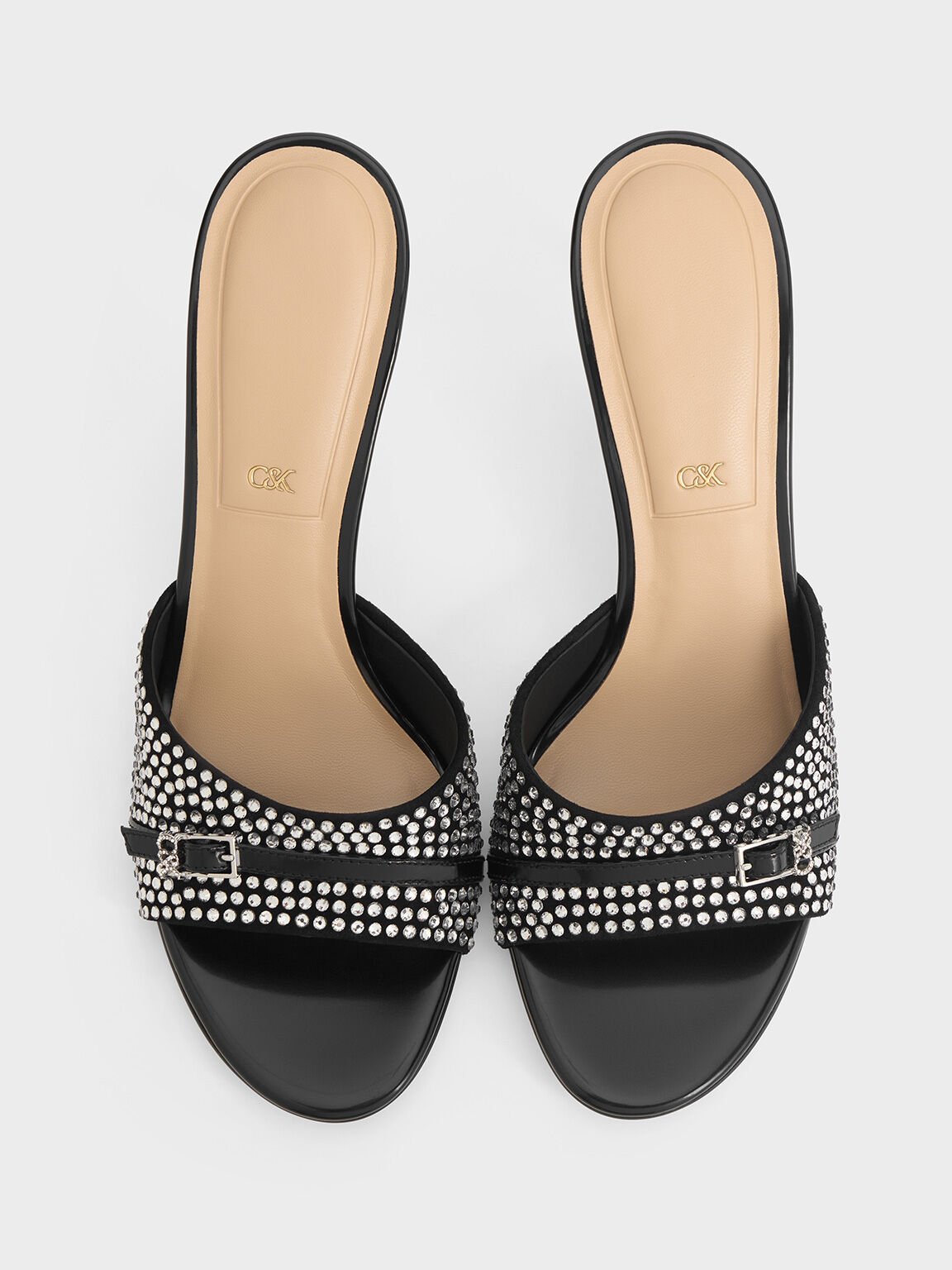 Leather & Suede Crystal-Embellished Buckle-Strap Heeled Mules, Black, hi-res