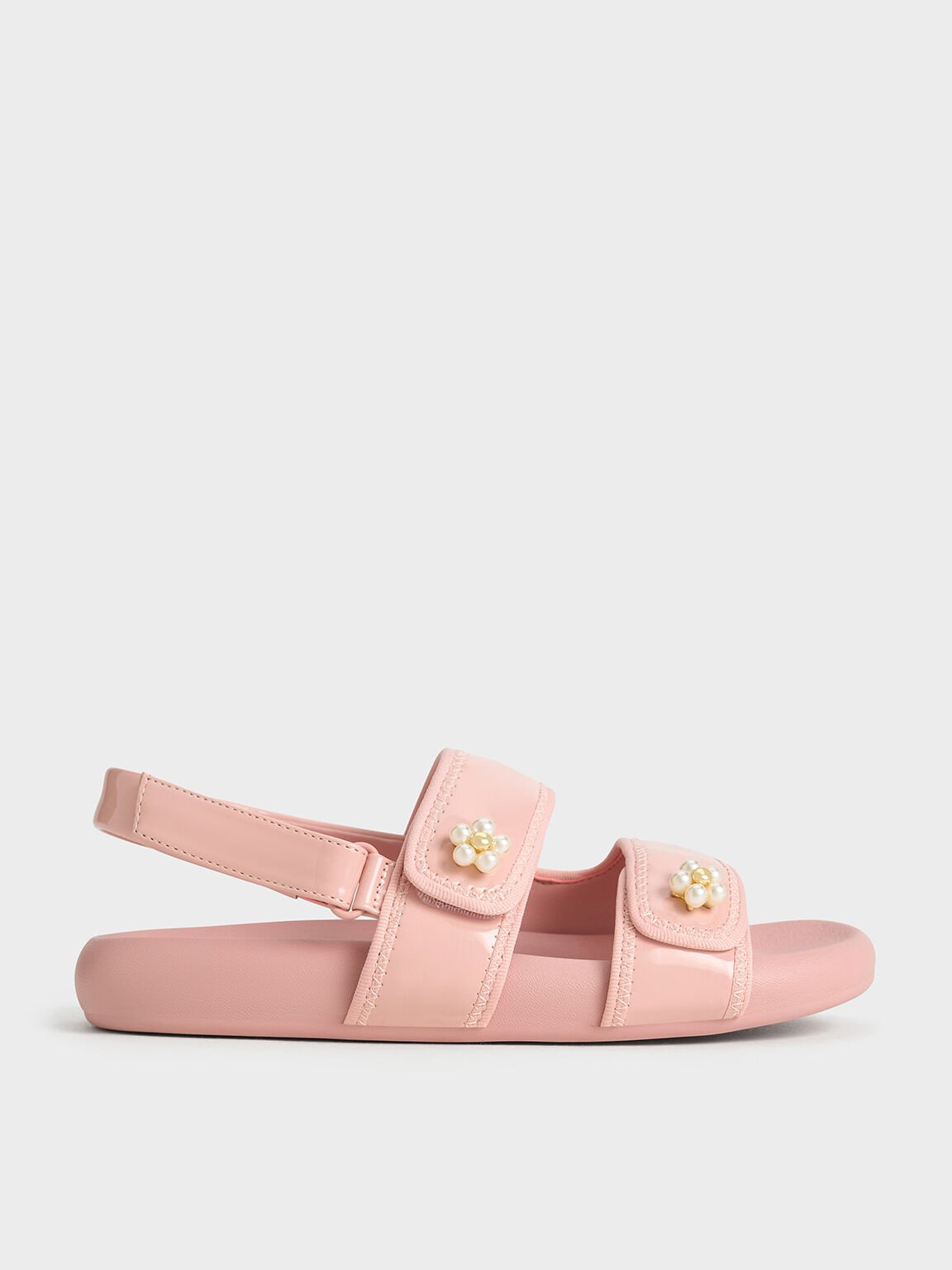 Sandalias de charol para niña con diseño floral de cuentas, Rosado, hi-res