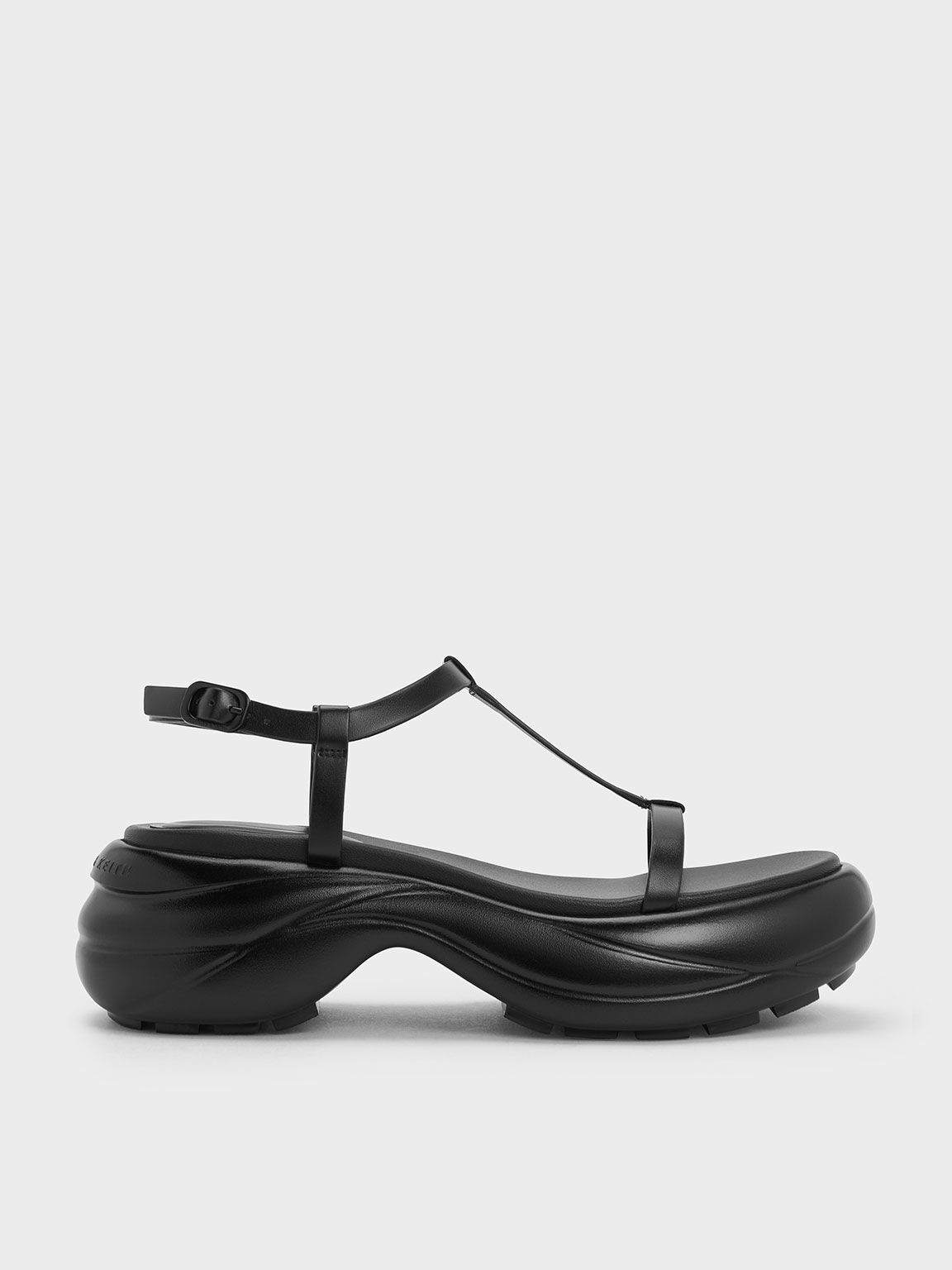Sandalias deportivas de plataforma curvada con tira en T, Negro, hi-res