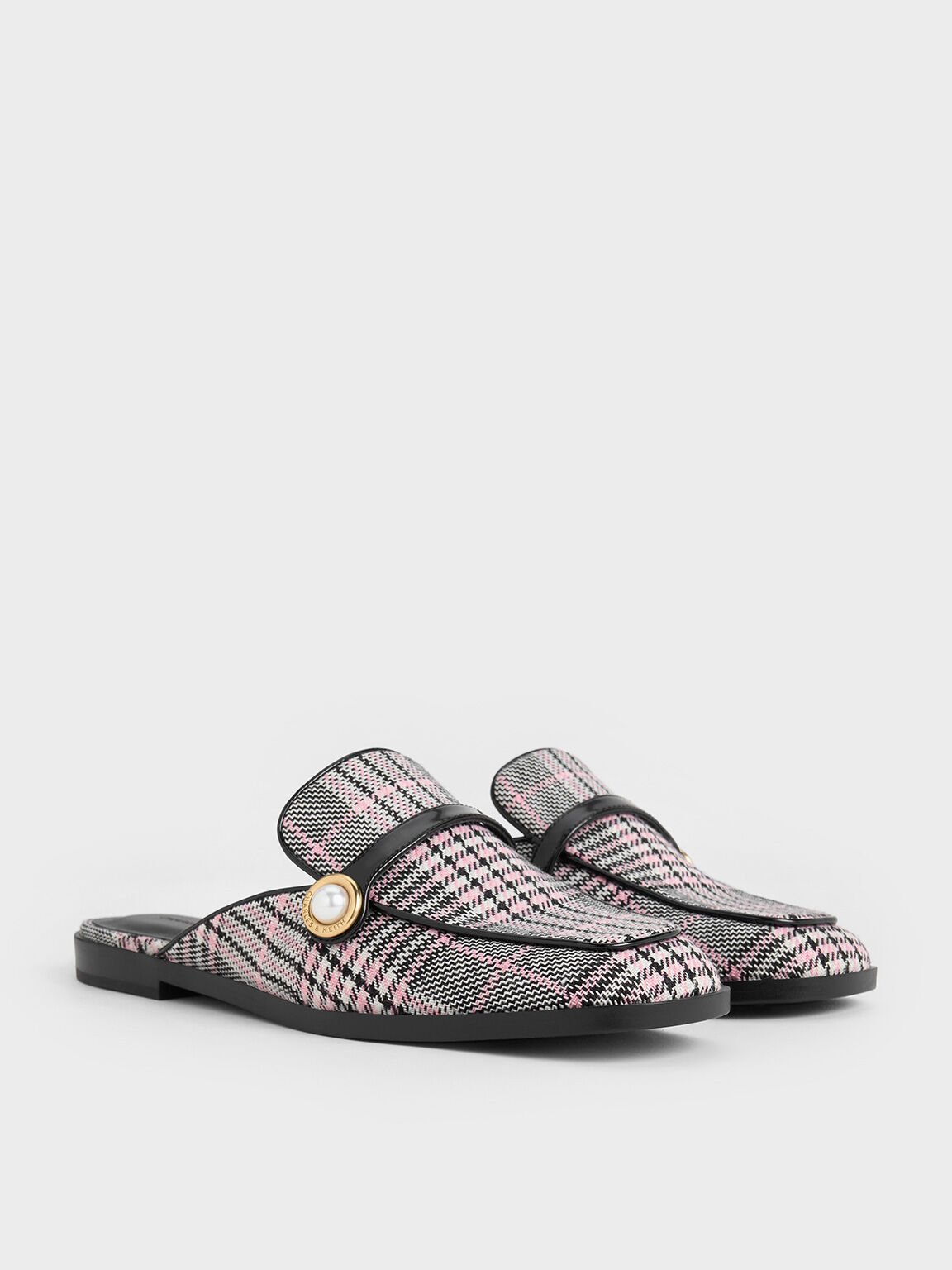 Mules mocassins motif tartan à ornement perle, Rose, hi-res