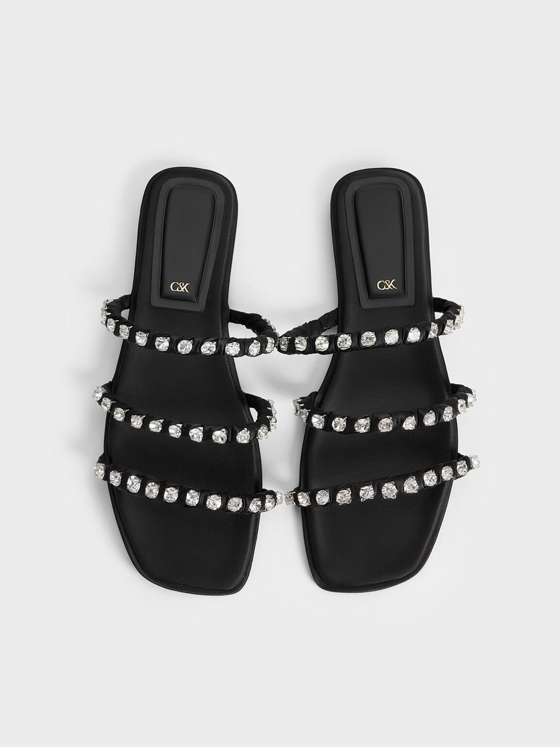 Goldie Recycled Polyester Gem-Encrusted Slide Sandals, Black Textured, hi-res