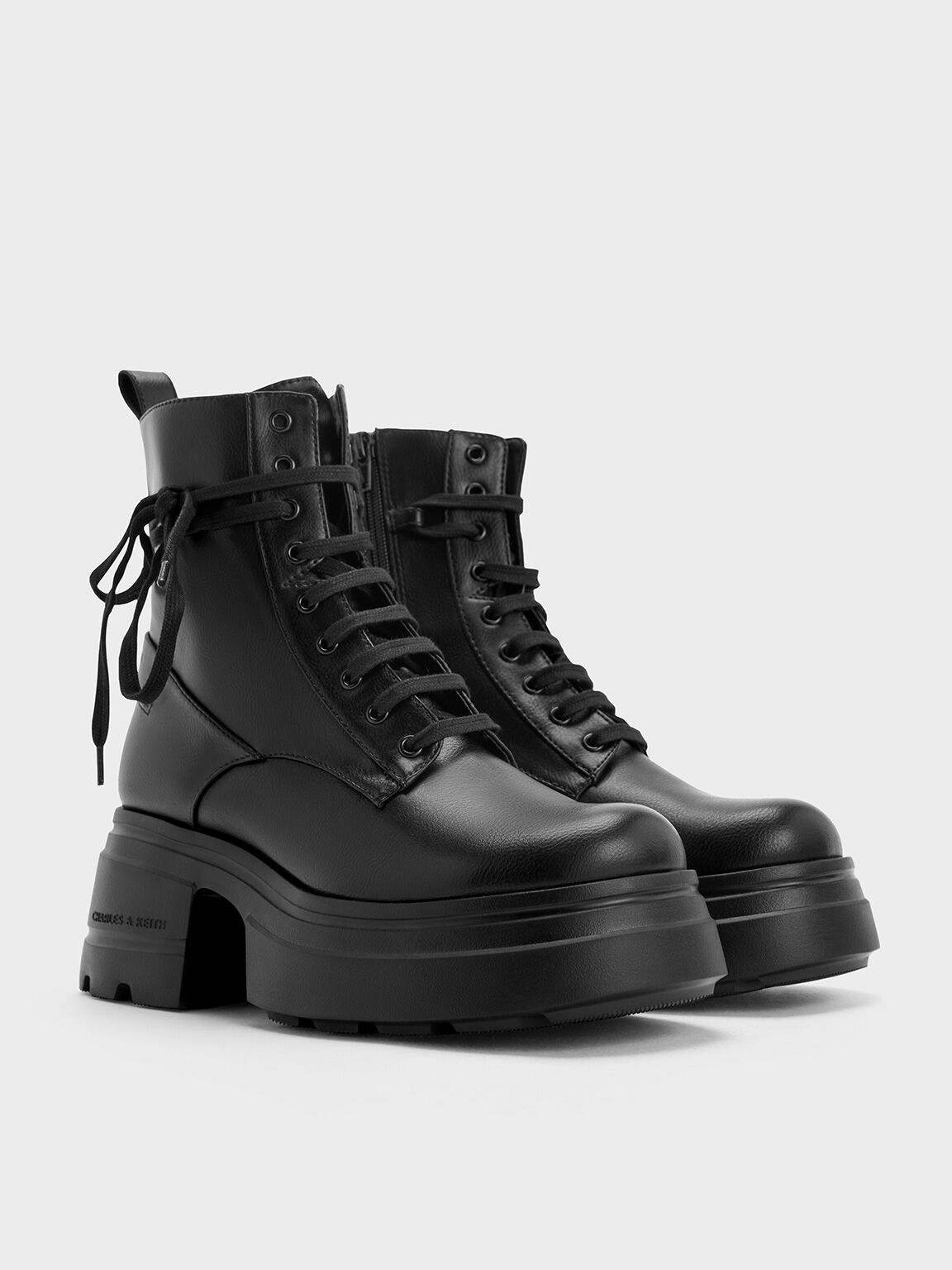 Lace-Up Chunky Ankle Boots, Black, hi-res