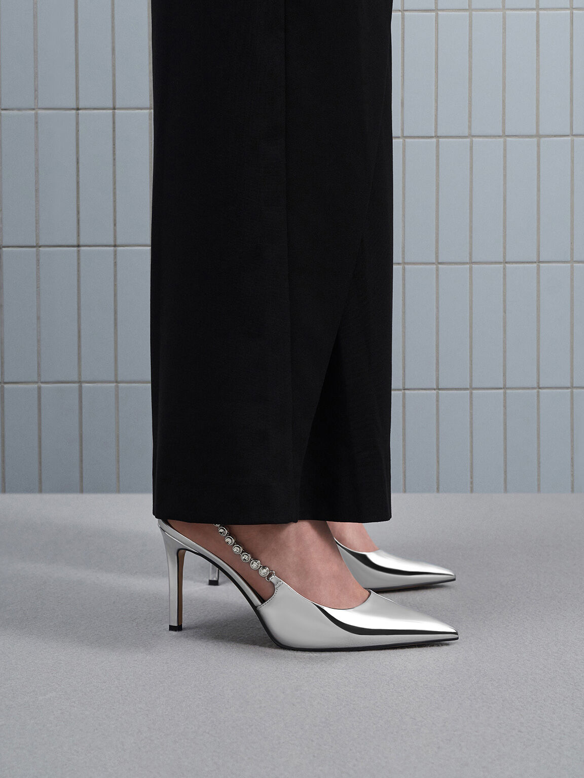 Gem-Strap Metallic Slingback Pumps, Silver, hi-res