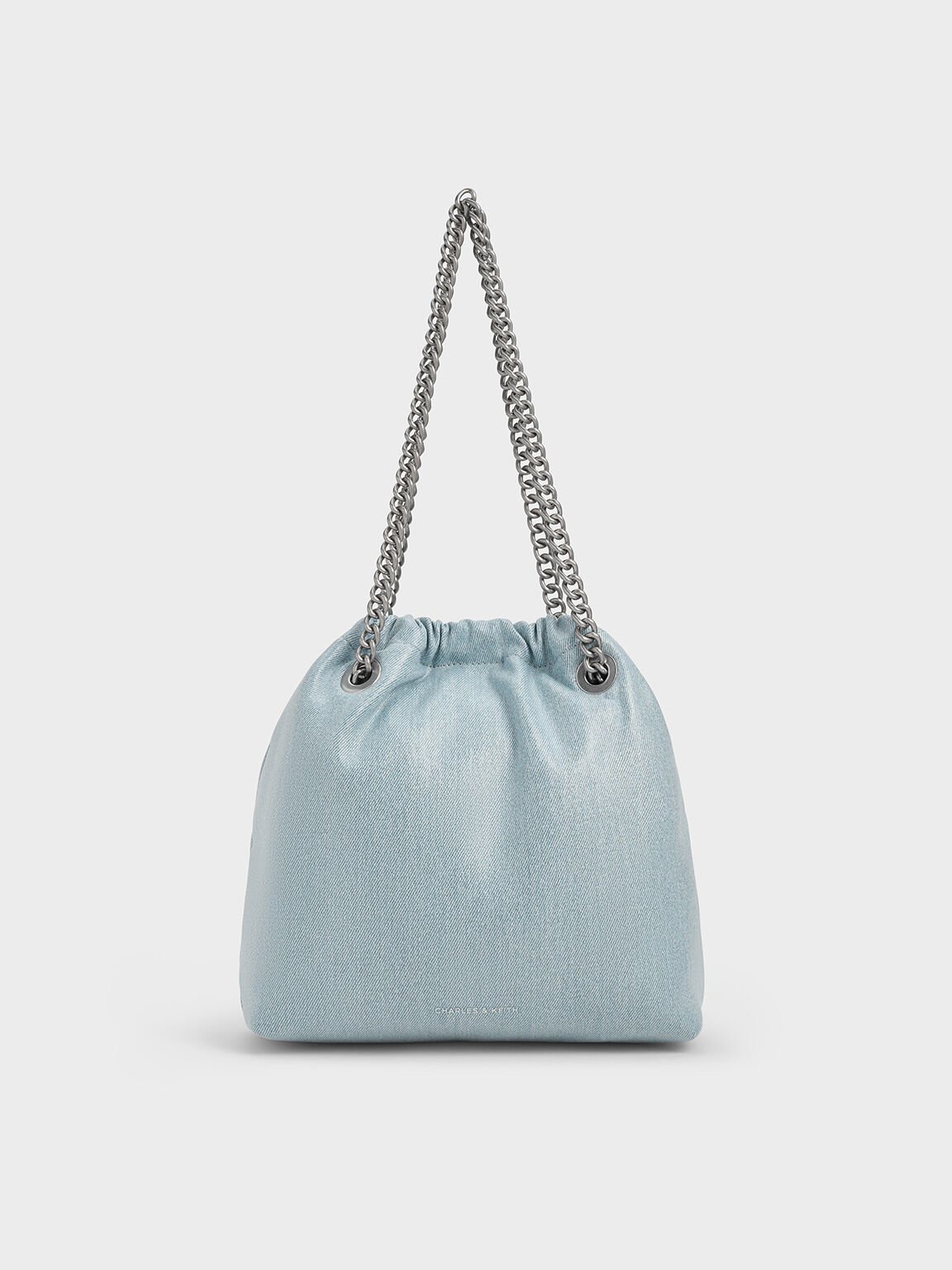 Bolso tote Caia en denim con asa de cadena, Azul mezclilla, hi-res