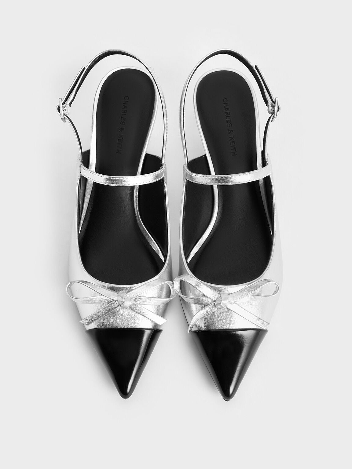 Metallic Bow Cap-Toe Kitten-Heel Slingback Pumps, Silver, hi-res