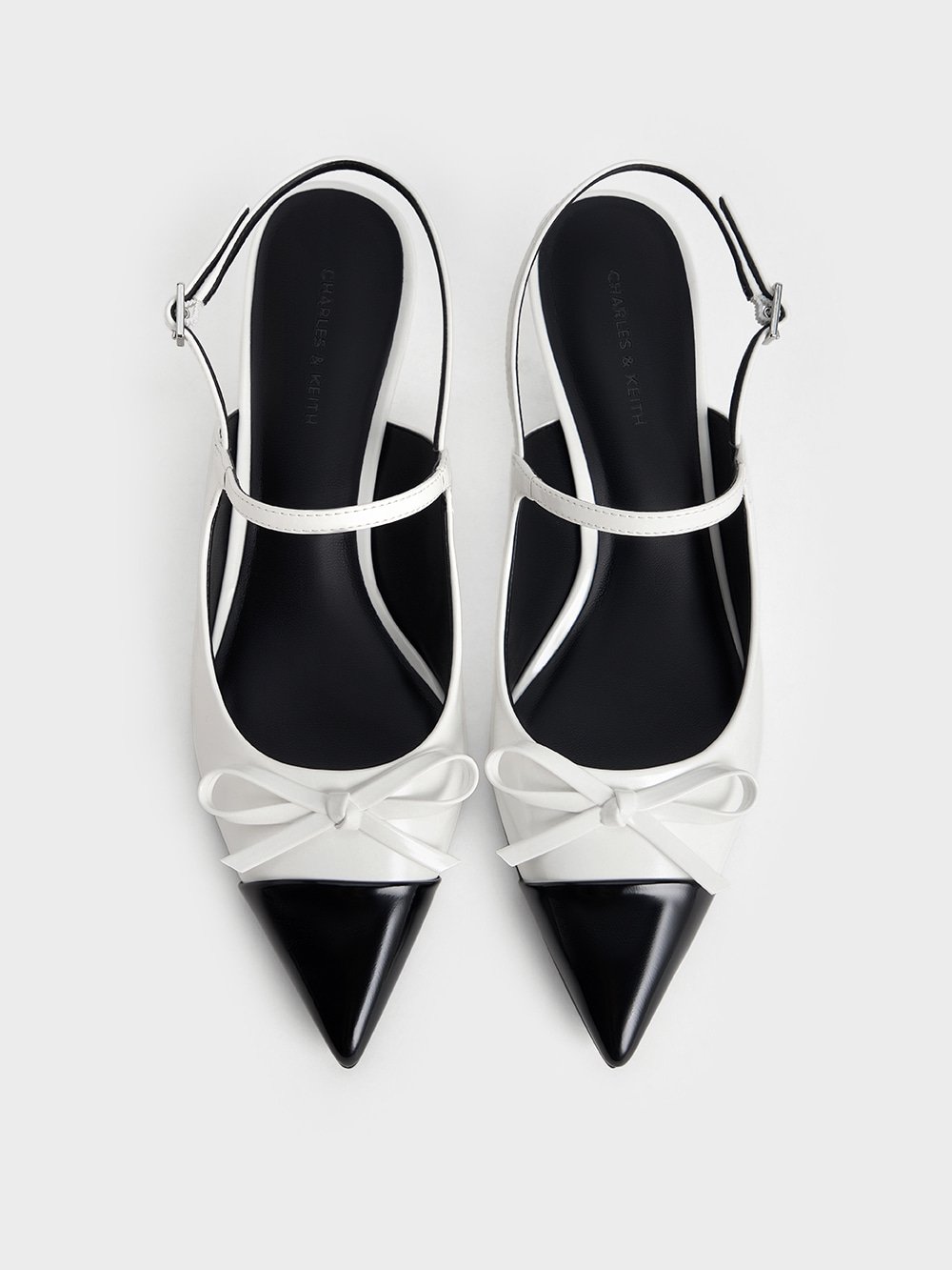 Women's White Bow Cap-Toe Kitten-Heel Slingback Pumps - CHARLES & KEITH