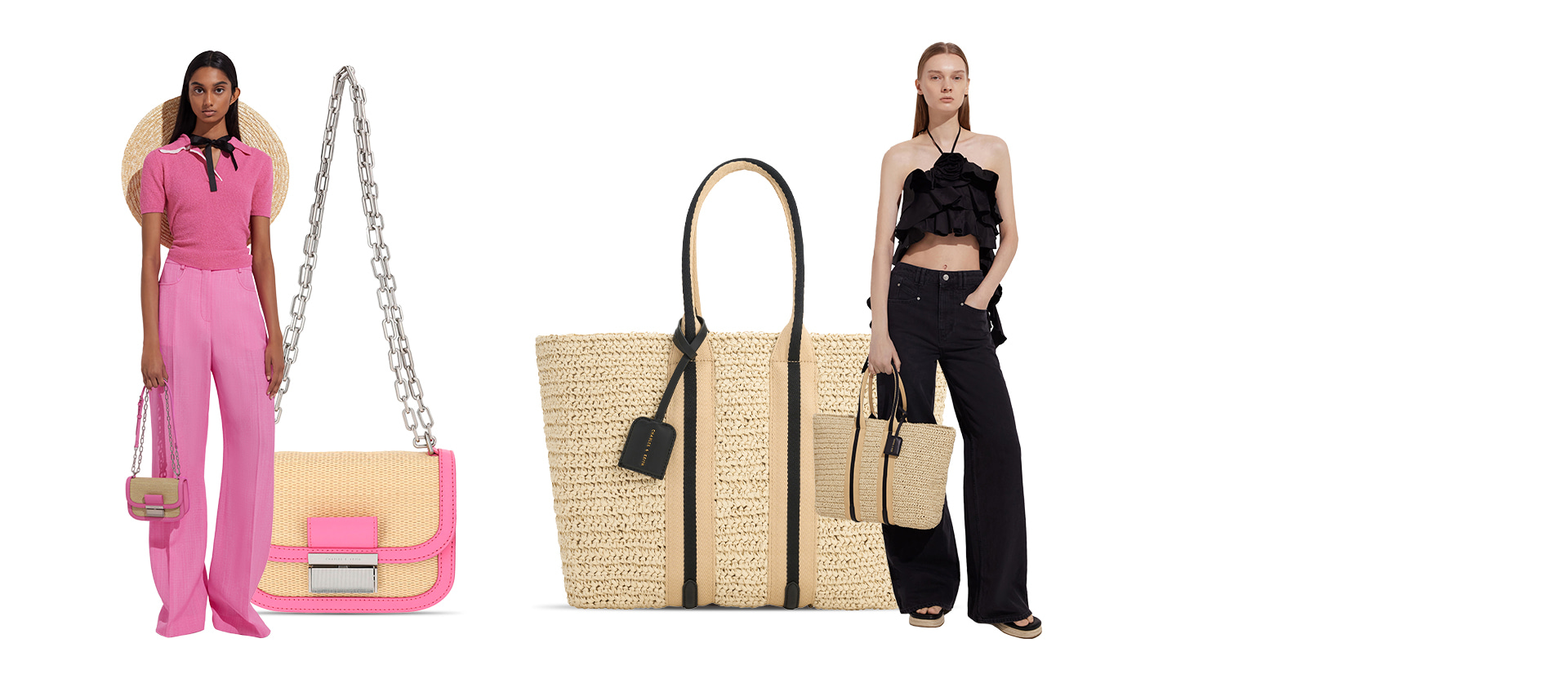 Women’s Charlot Raffia Chain Strap Bag and Striped Handles Raffia Tote Bag in black - CHARLES & KEITH