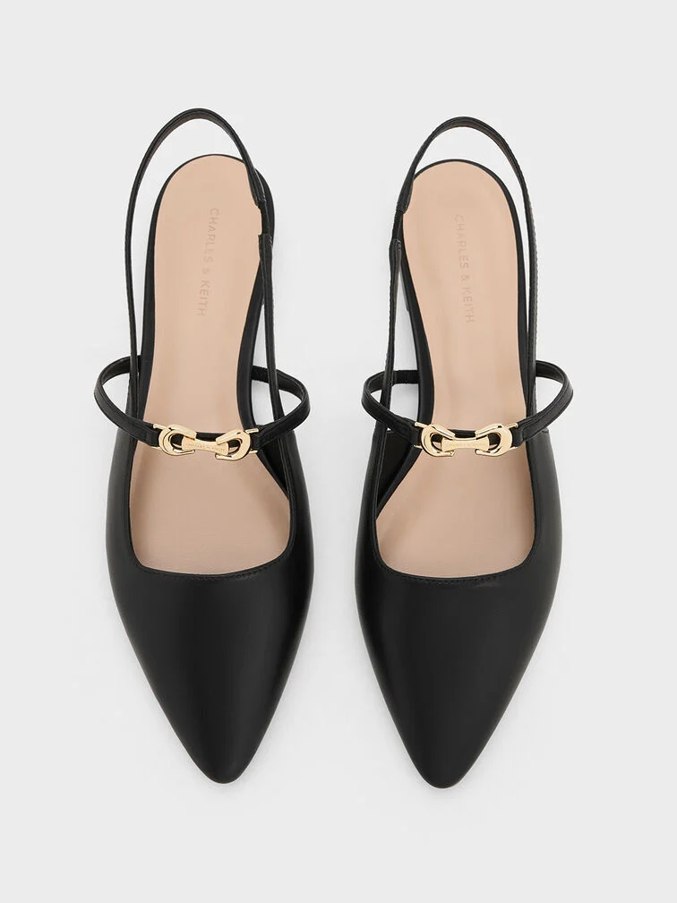 Women’s metallic-accent pointed toe slingback flats in black - CHARLES & KEITH