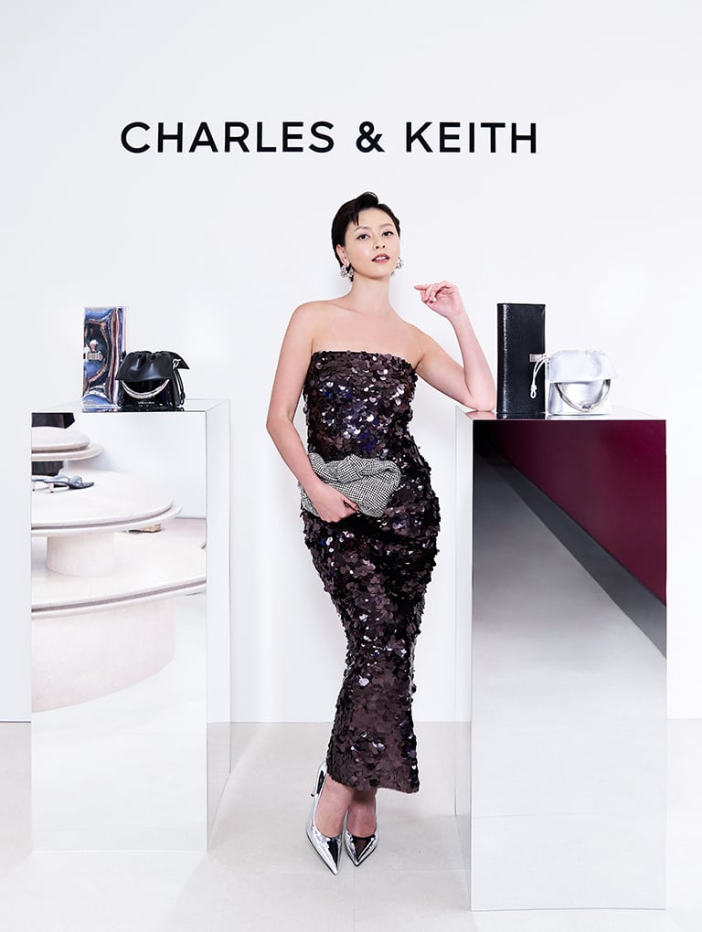 Crystal-Embellished Knotted-Strap Shoulder Bag and Metallic Cone-Heel Pointed-Toe Pumps, both in silver – CHARLES & KEITH