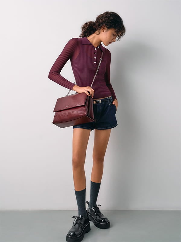 Women's Burgundy Sianna Chain-Handle Shoulder Bag- CHARLES & KEITH