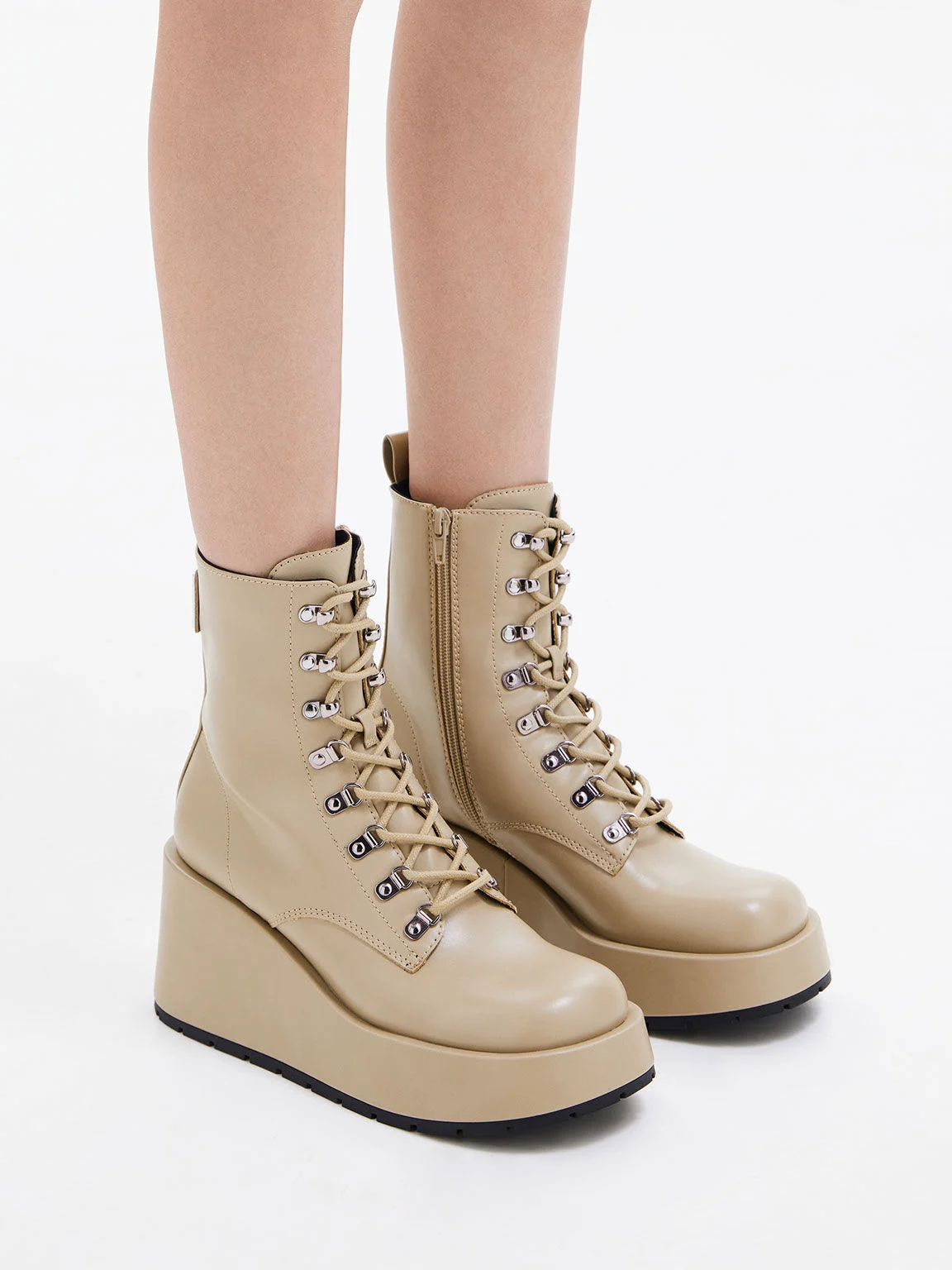 Lace-Up Platform Wedge Ankle Boots - Taupe