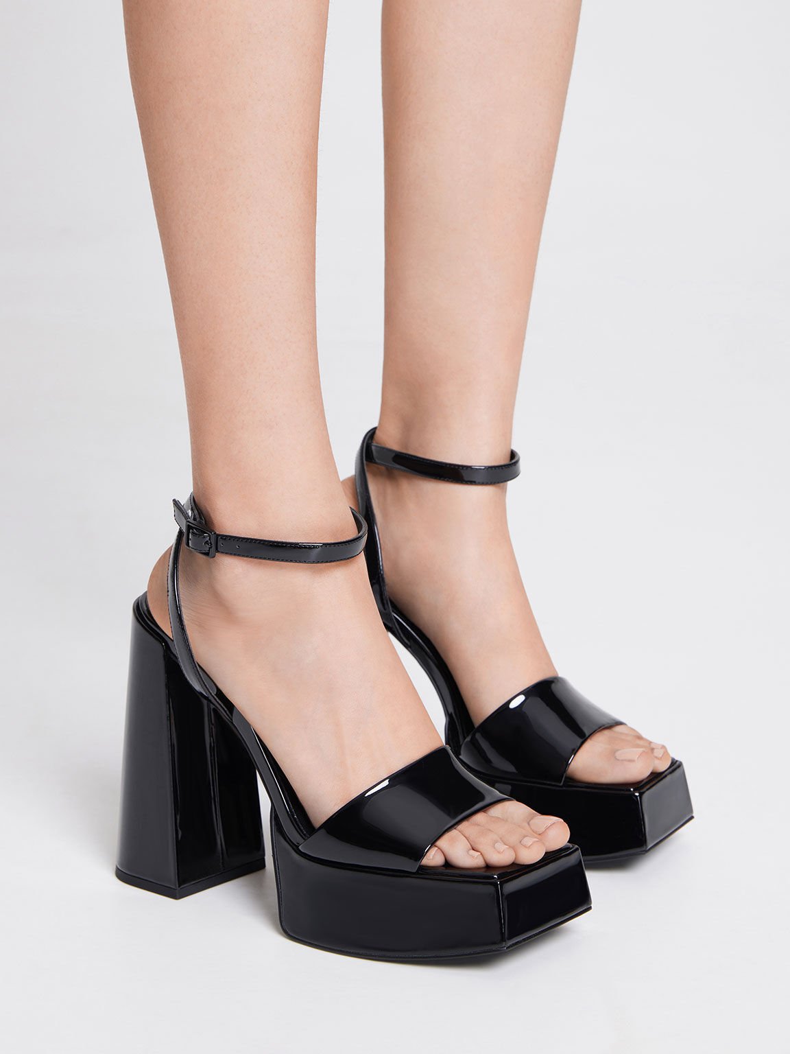 Women’s black patent ankle-strap platform sandals - CHARLES & KEITH