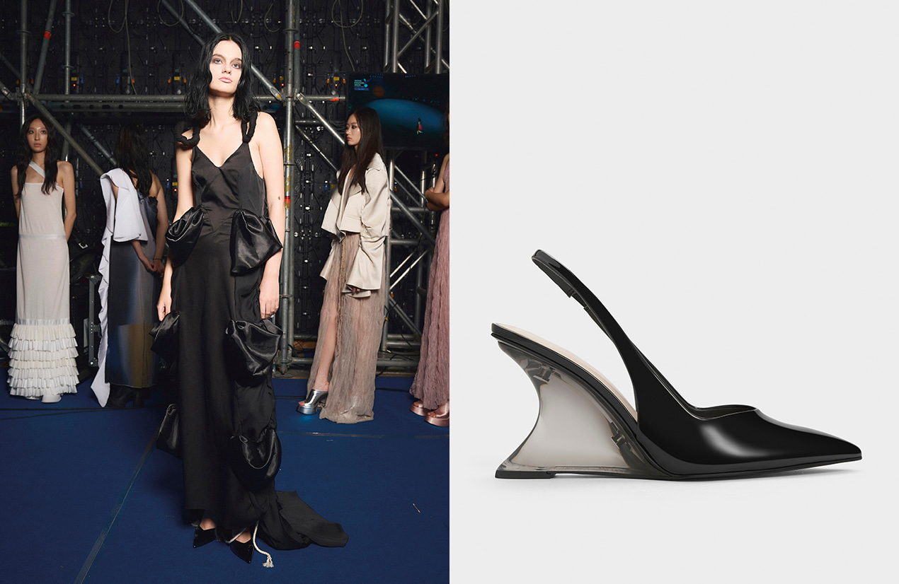 Patent Sculptural Slingback Wedges - Black Patent