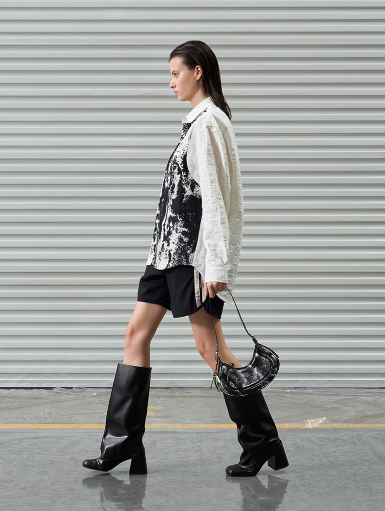 Women’s Petra foil-print curved shoulder bag in noir & Robbie platform knee-high boots in black - CHARLES & KEITH