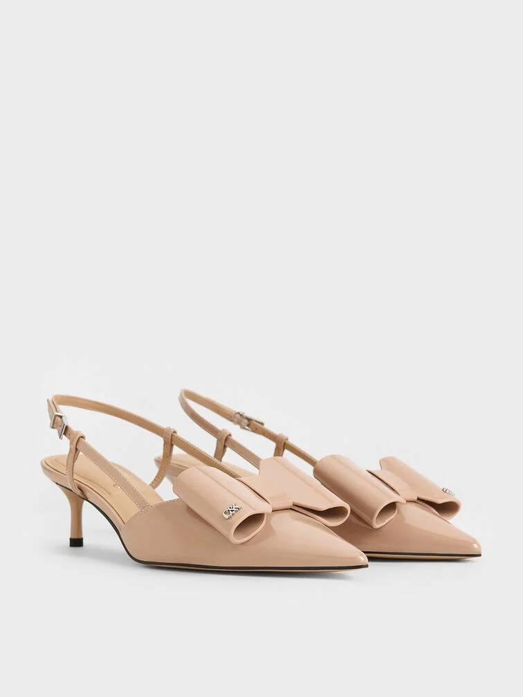 Women’s Lu patent bow slingback pumps in nude - CHARLES & KEITH 