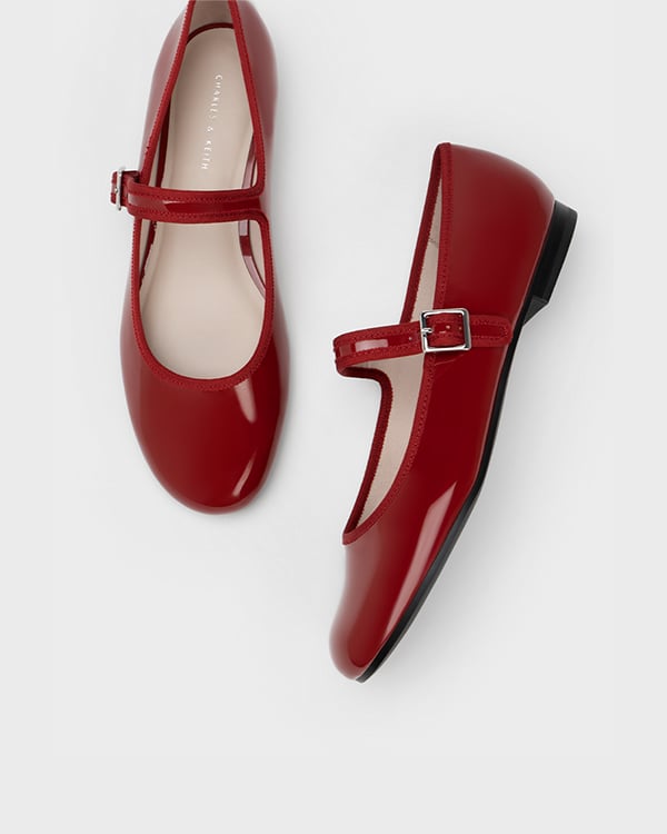 Women’s Red Patent Buckled Mary Jane Flats - CHARLES & KEITH
