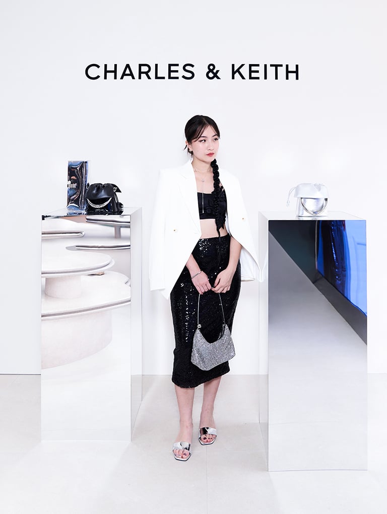 Crystal-Embellished Two-Way Bag and Metallic Cone-Heel Mules, both in silver - CHARLES & KEITH