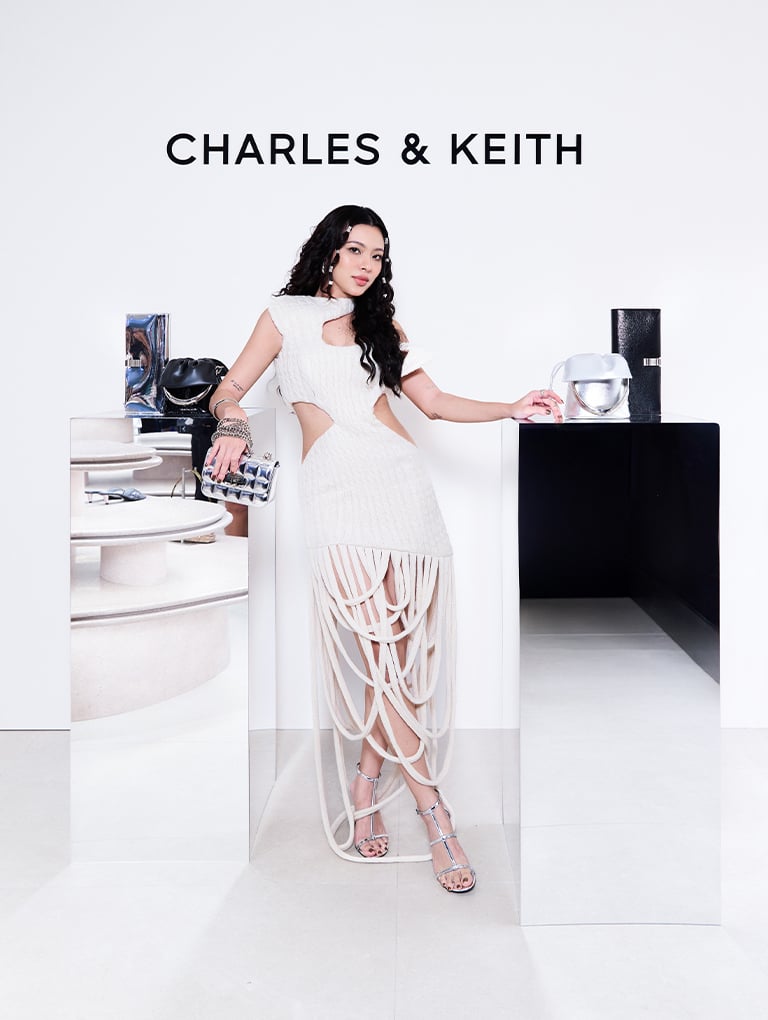 Metallic Square-Quilted Chain-Handle Bag and Metallic T-bar Ankle-Strap Sandals, both in silver - CHARLES & KEITH