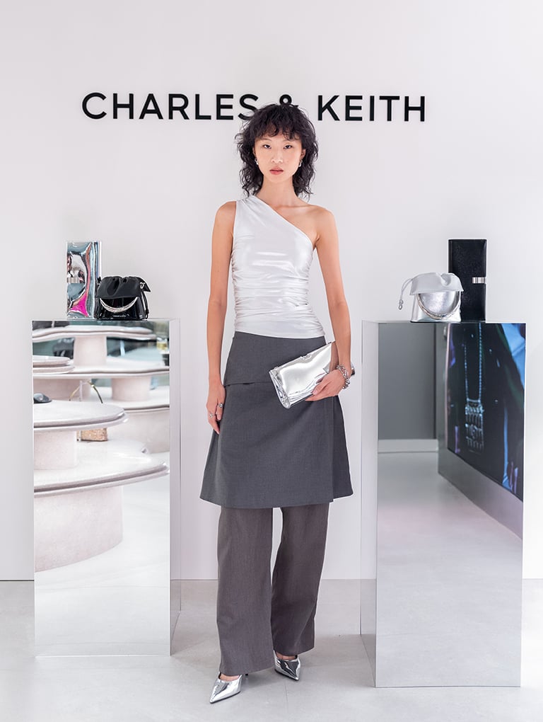 Wisteria High-Shine Metallic-Accent Clutch and Metallic Cone-Heel Pointed-Toe Pumps, both in silver – CHARLES & KEITH