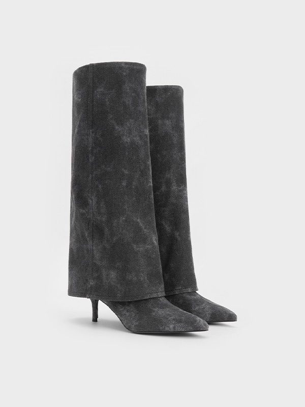 Botas altas plegables con puntera fina en gris oscuro para mujer- CHARLES & KEITH