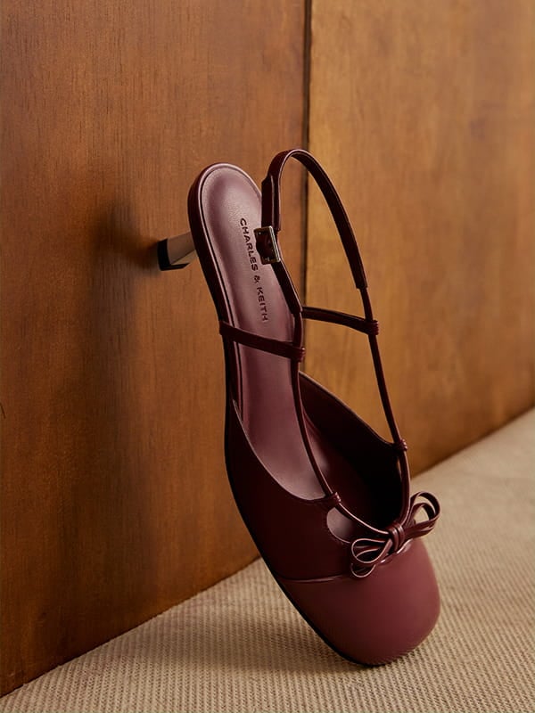 Women's Burgundy Patent Cap-Toe Bow Slingback Pumps - CHARLES & KEITH