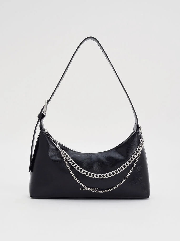 Sac hobo à effet froncé orné de chaîne Atwood en noir pour femme - CHARLES & KEITH