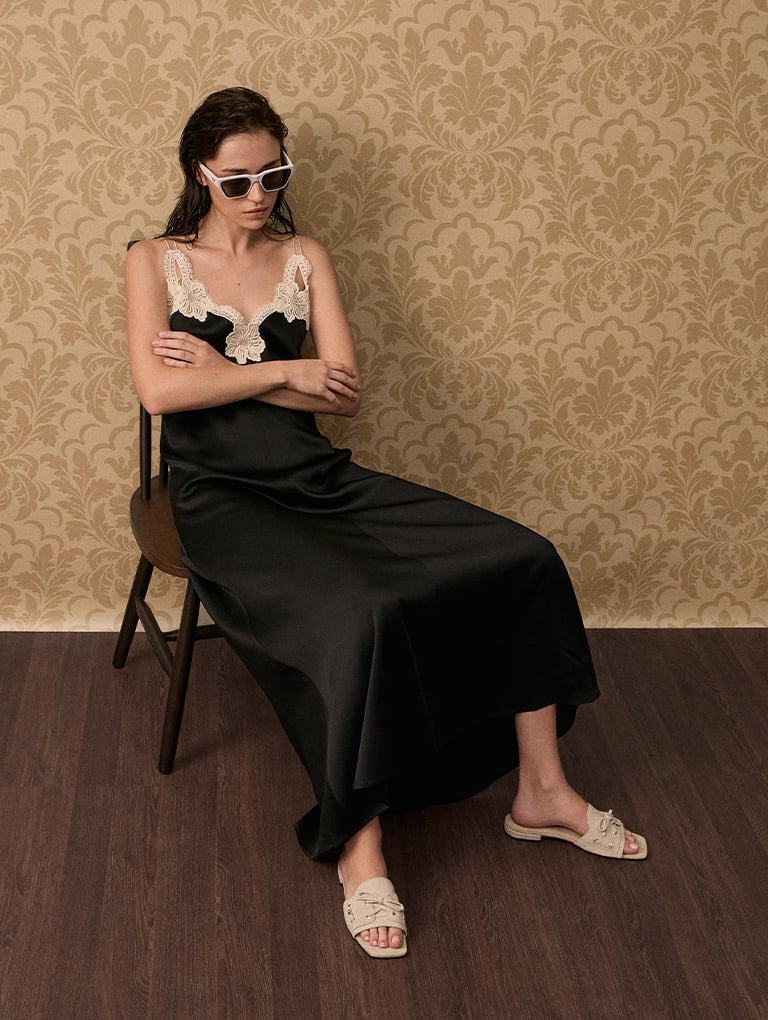 Kori Suede Lace-Up Slide Sandals in beige and Recycled Acetate Angular Sunglasses in white - CHARLES & KEITH