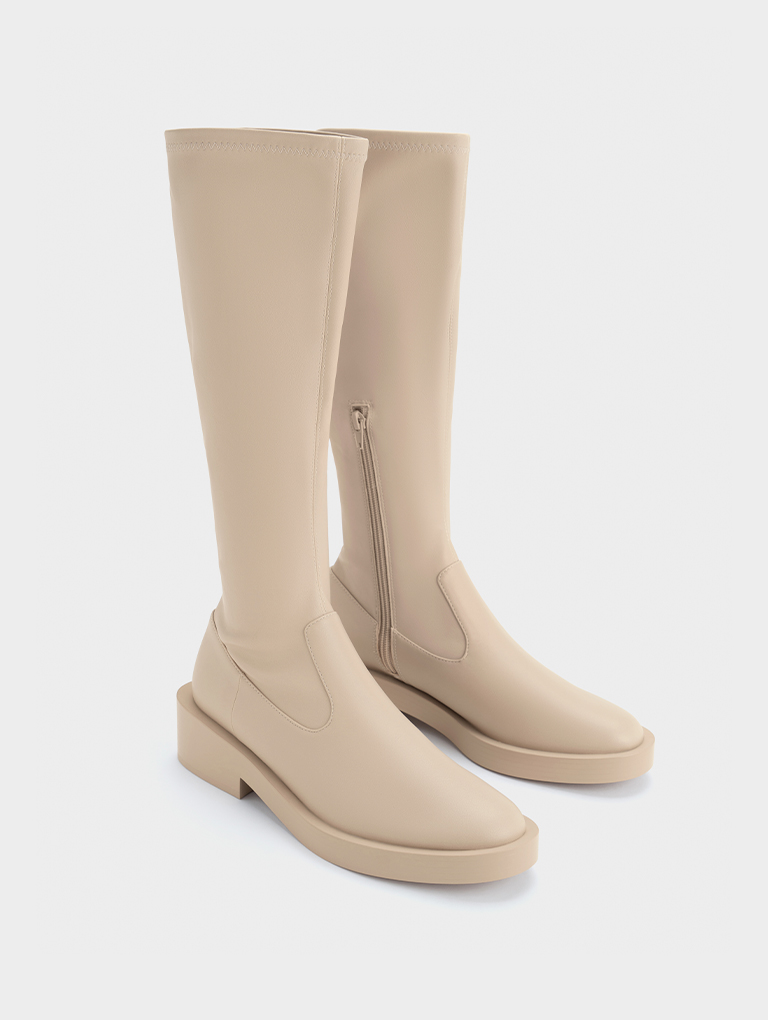 Women's side zip knee-high boots in beige  - CHARLES & KEITH