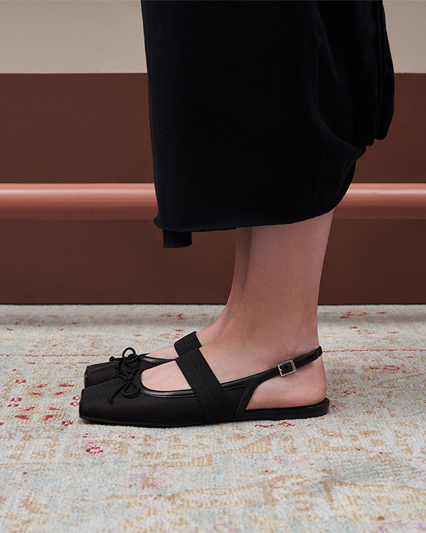Chaussures plates à noeud en maille texturée et satin noir pour femme - CHARLES & KEITH