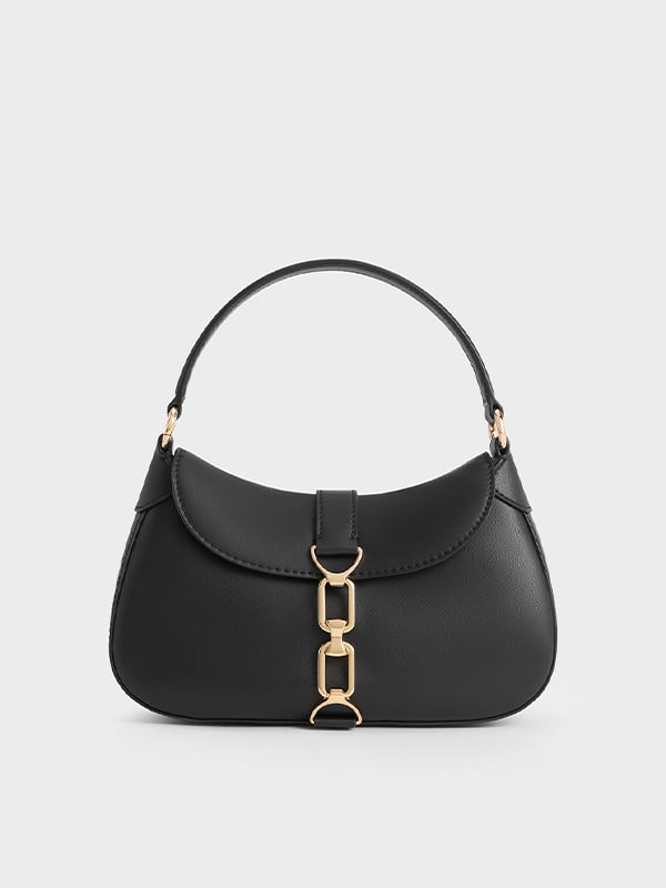 Women's Black  Agatha Chain-Accent Hobo Bag -  CHARLES & KEITH