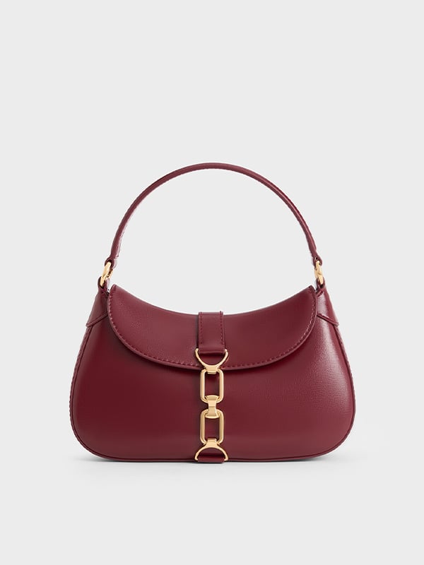 Women's Burgundy Agatha Chain-Accent Hobo Bag -  CHARLES & KEITH