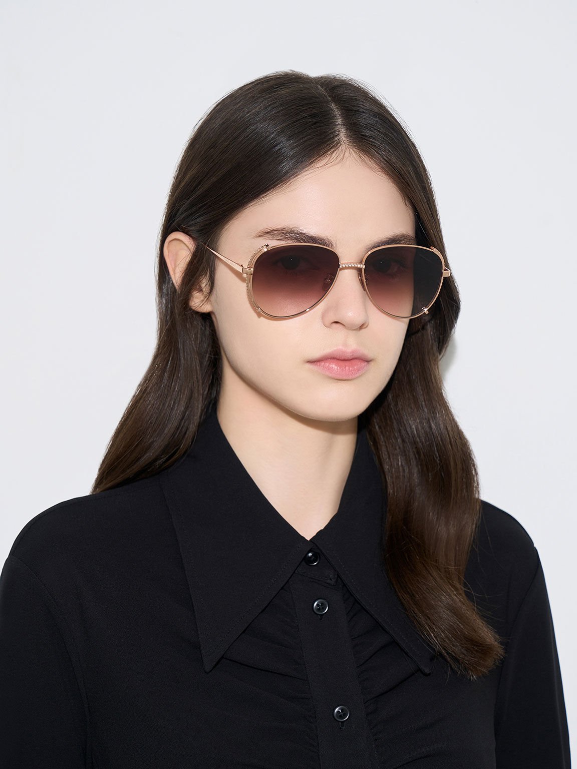 Gem-Embellished Wireframe Aviator Sunglasses  - Rose Gold