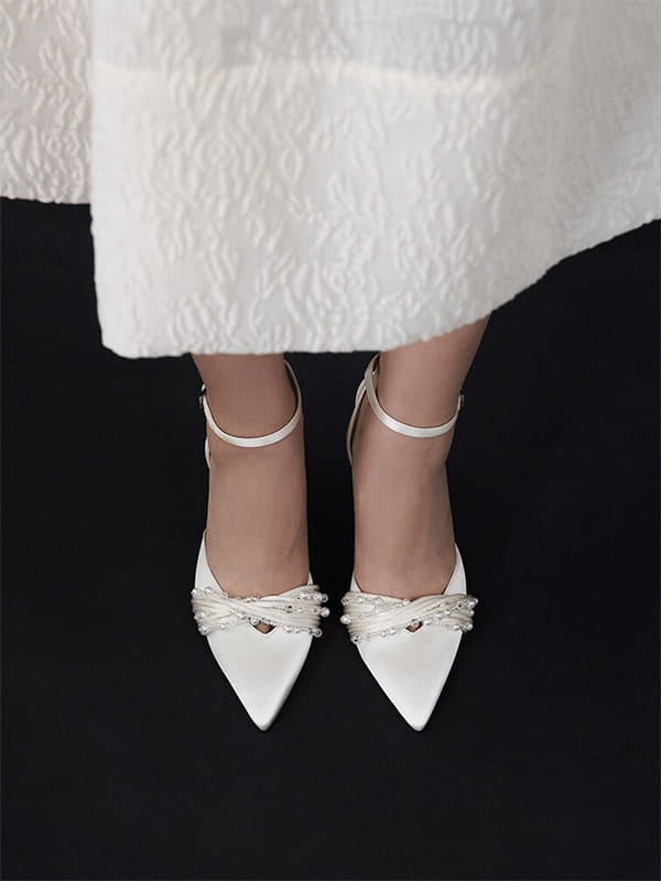 Women’s White Leda Beaded Satin Ankle-Strap Pumps- CHARLES & KEITH