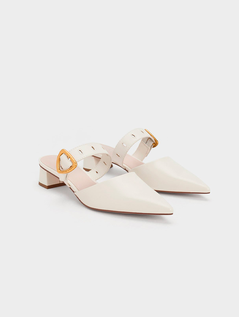 Women’s Sepphe Metallic Buckle Pointed-Toe Heeled Mules in cream - CHARLES & KEITH