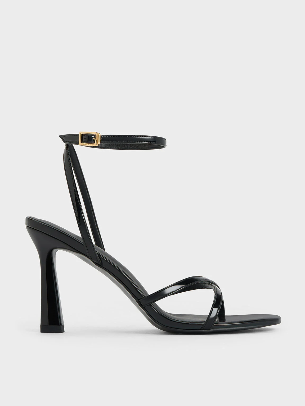 Women’s patent crossover-strap heeled sandals in black - CHARLES & KEITH