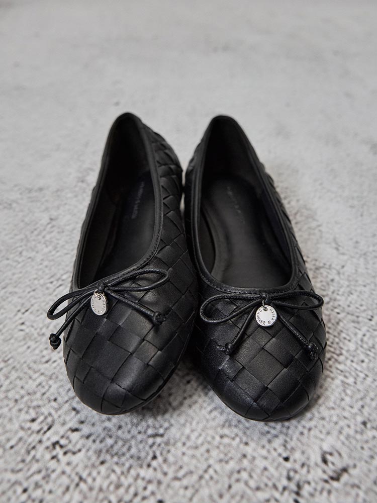 Black Woven Bow Ballet Flats - CHARLES & KEITH