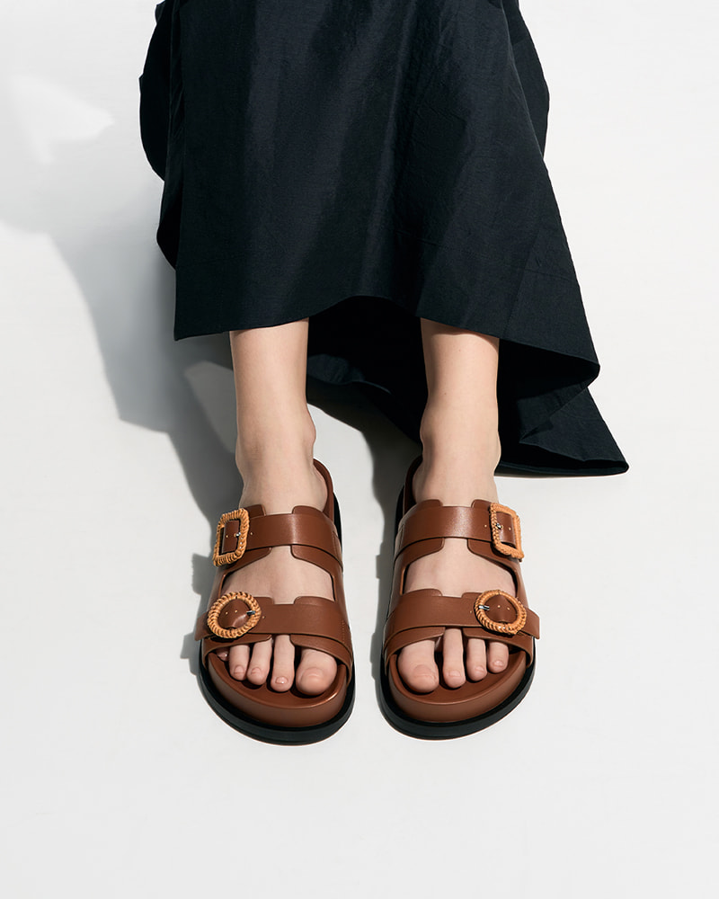 Women’s Brown Woven-Buckle Double-Strap Sandals - CHARLES & KEITH