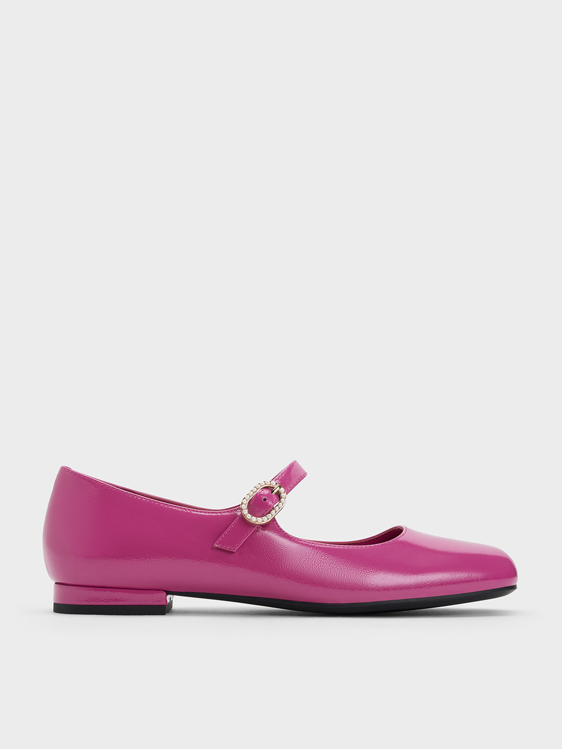 Fuchsia Patent Crinkle Effect Pearl Buckle Mary Janes CHARLES KEITH CZ