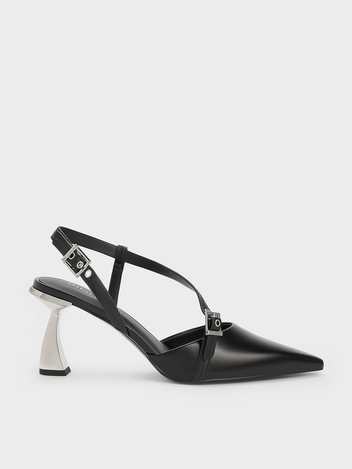 Black Asymmetric Curved Heel Slingback Pumps - CHARLES & KEITH DK