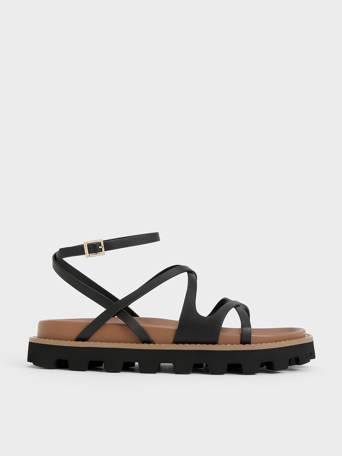 Black Crossover Ankle-Strap Sandals | CHARLES & KEITH