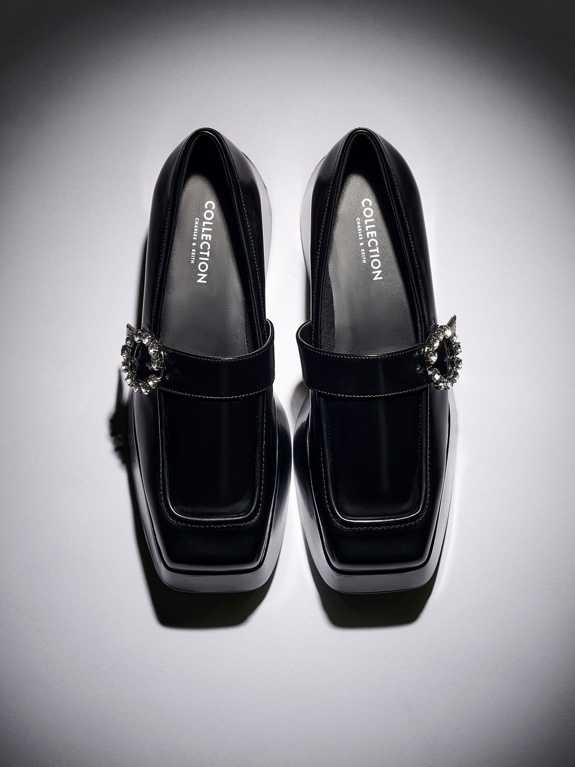 Black Gem Embellished Chunky Platform Loafers CHARLES KEITH